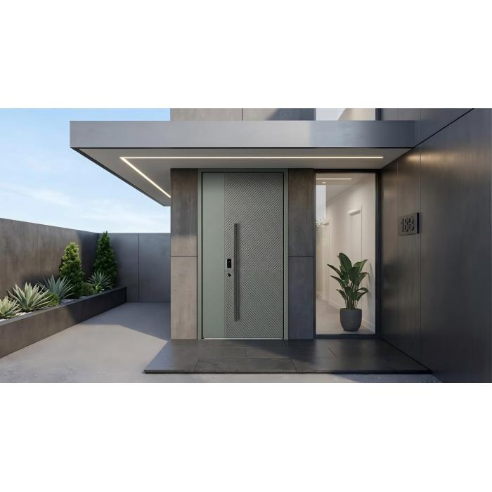 Villa moderna de alta segurança com portas frontais assimétricas