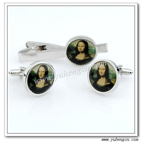 YHTC-71 Round Mona Lisa Art Novelty Tie Clip Cufflink Sets