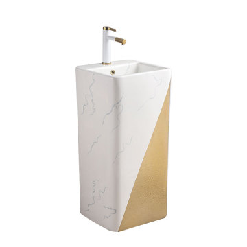 White Rectangular Gold Marble Pedestal Sink for Hotel Bathrooms