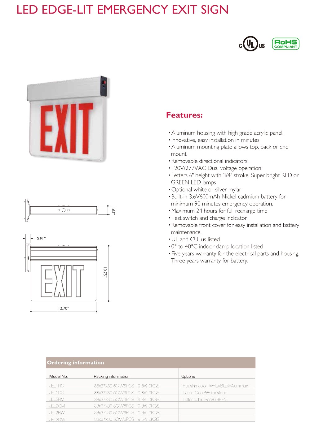 UL CUL LED LED Signo de salida de emergencia JEL2RM