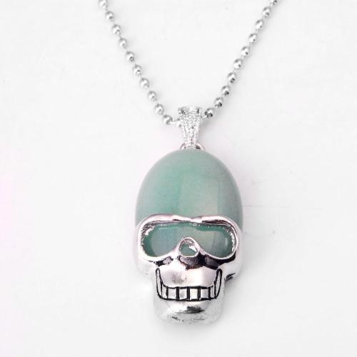 Green Aventurine Skull Gemstone Pendant Necklace with Silver chain