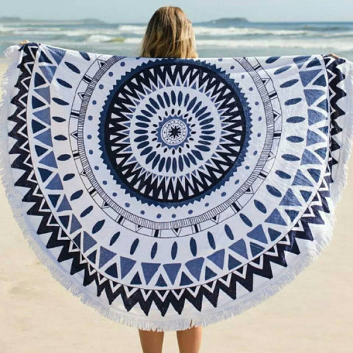 100% cotton printed round beach towel with tassel