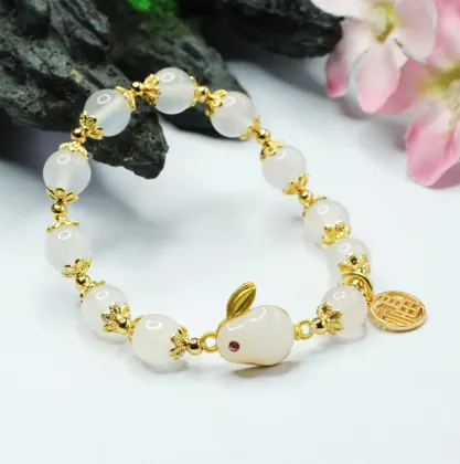 White Jade Rabbit Bracelet - Natural Raw Stones Fashion Jewelry for Women