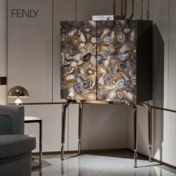 Solid Wood Modern Luxury Wine Bar Cabinet with Marble and Metal Storage