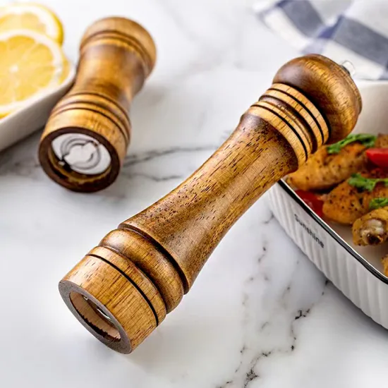 8\" Wood and Stainless Steel Mill Set: Sea Salt and Pepper Grinders - Wood Pepper Grinder Included