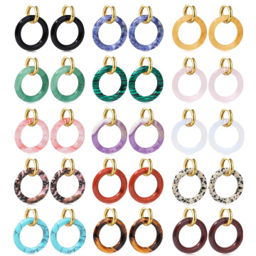 Gemstone Hoop Dangle Earrings 30MM Hollowed Round Crystal Beads Earrings with Gold Stainless Steel Drop Earring for Women