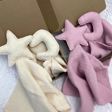 2-Piece Gift Box Set: Soft Double Gauze Cotton Star & Moon Comforters, Natural Blankets, Appeasing Towels, and Baby Comforters in Muslin Bibs