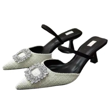 Famous ZA Shoes: Stylish 42 Size White Pointed Mid-Heel Sandals with Rhinestones and Square Button Detail