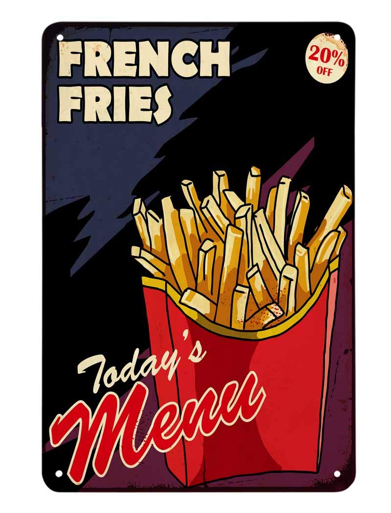 French Fries Tin SignBox Fast Food Fresh Restaurant Doodle Lunch Potato Crisp Vintage Metal Tin Signs for Cafes Bars Pubs Shop