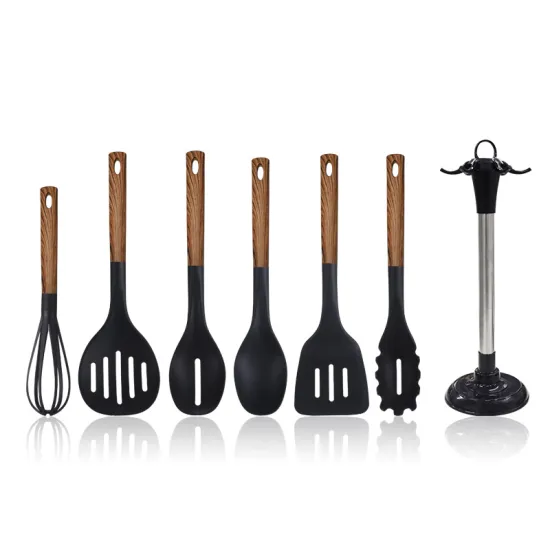 Silicone Kitchenware Set: Heat-Resistant Non-Stick Utensils with Wood Grain Handles and Rotating Storage Stand