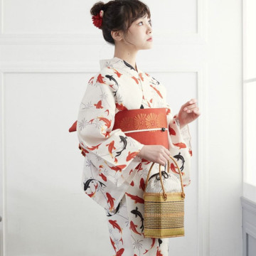 Women's Yukata Traditional Japan Kimono Robe Photography Dress Cosplay Costume Fish Prints Vintage Clothing Single Cloth No Belt