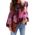 Women's Chiffon Boho Print Puff Sleeve Shirt