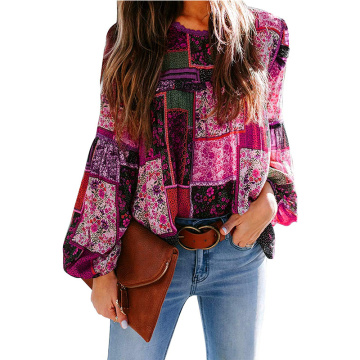 Frauen Chiffon Boho Print Puffarm Shirt