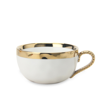 Turkish Gold Decor Ceramic Tea Cups with Dishes - 300ml Porcelain White Cups