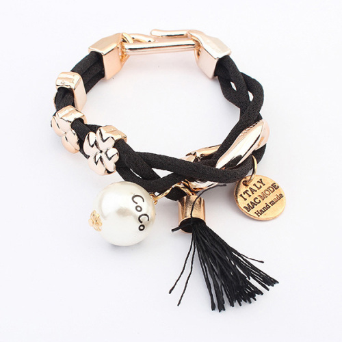 Oro malla cuerda Wrap Tassel pulsera con perla colgante