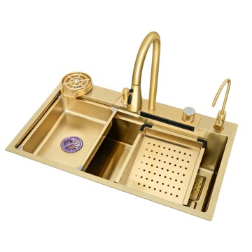Golden Waterfall Sink with 304 Stainless Steel Faucet: A Handmade Kitchen Sink Experience