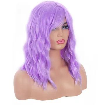 Light Purple Wavy Wig with Flat Bangs 14" Synthetic Natural Hair Heat Resistant Fiber Cosplay Wig for Women