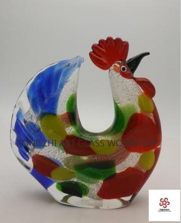 Glass Display Colorful Rooster Sculpture