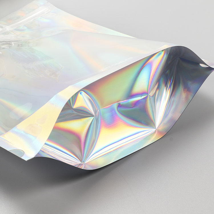 Custom Laser Film Packing One Side Clear Stand Up Pouch Holographic Cosmetic Bag6