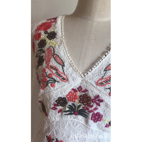 V Neck Cotton Nylon Embroidry Dress for Women