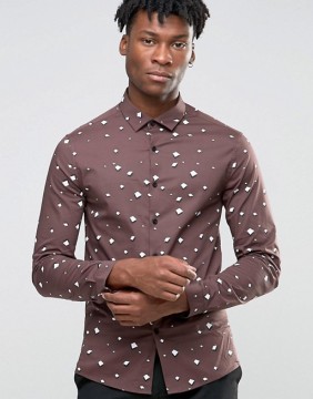 Long Sleeve Spread Collar Mens Pre-Shrunk 97% Cotton 3% Elastane Breathable Slim Fit Casual Brown Printing Shirts