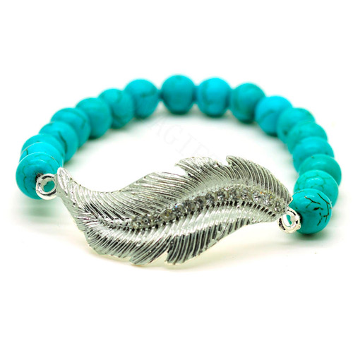 Bracelet en pierres précieuses tendues de perles rondes turquoise de 8MM avec pièce en alliage de plumes Diamante
