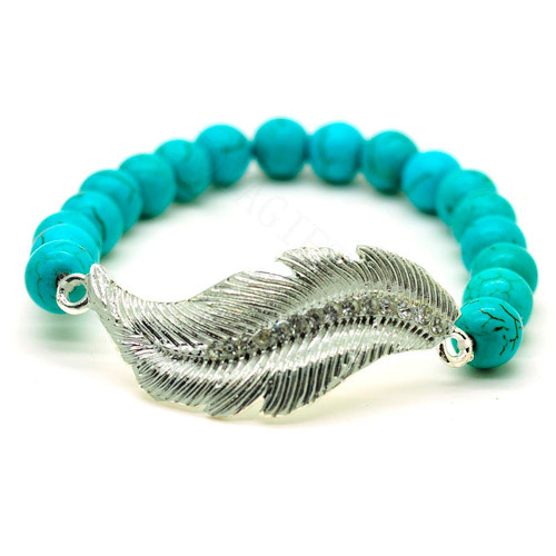 Turquoise 8MM Round Beads Stretch Gemstone Bracelet with Diamante feather alloy Piece