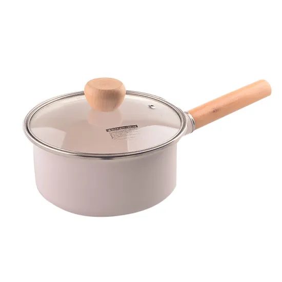 Ivory White Enamel Pot with Single Wooden Handle