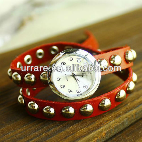 Double Wrap Leather with Round Head Rivet Bracelet Watch