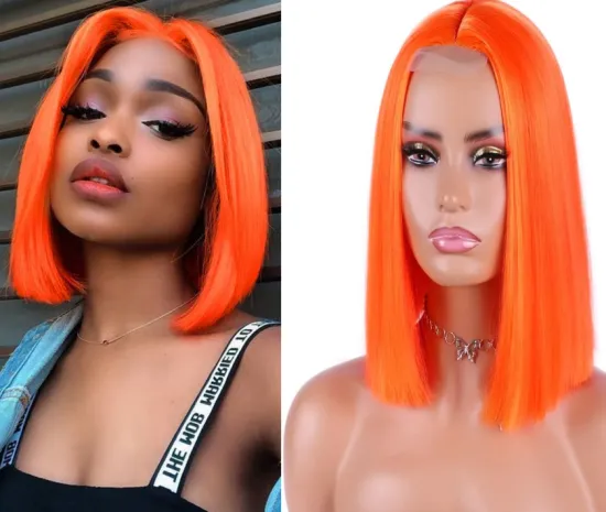 Wholesale price  ginger orange Silky Straight Wig Colorful Middle Part Synthetic Hair Bob Wigs Copper Color  lace Bob wig