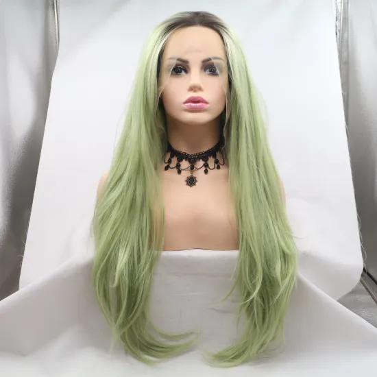 Women's Ombre Green Color 13x3 Lace Front Wigs Long Natural Straight Black To Green Synthetic Wig With Middle Part Ladies Wigs