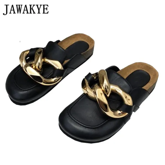 Gold Chain Decor Round toe Flat Mules Lazy Loafers Shoes Women's Outdoor Genuine Leather Casual Slippers female Shoes