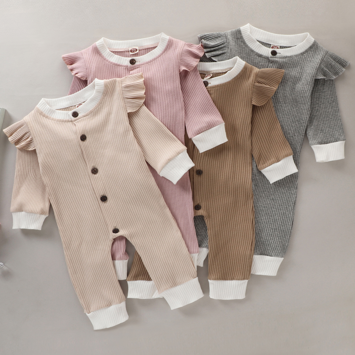 Newborn Baby Boy Girls Clothes Solid Color Round Neck Long Sleeve Cotton Romper Jumpsuit for Kids