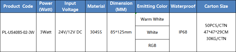 304SS 3Watt 85*125mm IP68 Underwater Spot Light