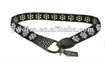 women\'s PU belt with black elastic, clear rhinestones, alloy accessories with gun-metal