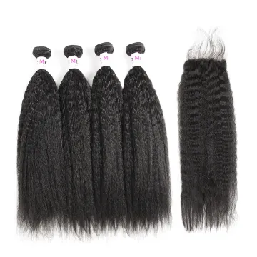 Afro Kinky Straight Indian Remy Virgin Human Hair Weft Yaki Kinky Straight Hair With Silk Top Closure