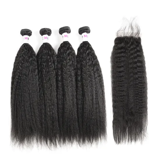 Afro Kinky Straight Indian Remy Virgin Human Hair Weft Yaki Kinky Straight Hair With Silk Top Closure