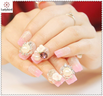 2014 new design bride wedding fake nails pearl rhinestone gliiter tips 3d nail art tip