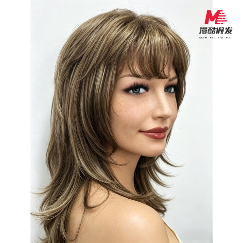 Natural Brown Medium Hair Wig with Bangs 3