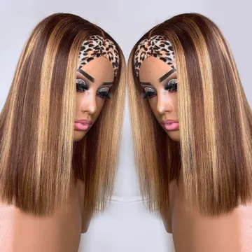 Highlight Wig Human Hair Brazilian Straight Headband Soft Bone Straight Bob Wig Brown Colored Human Hair Wigs For Women