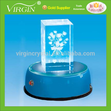 Rose flower 3D laser engraved crystal paperweight with rotating blue LED light base for decorative wedding favor