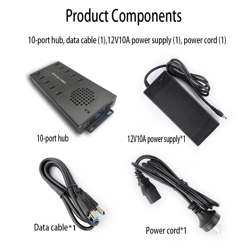 The 10-port USB-C3.0 hub includes components