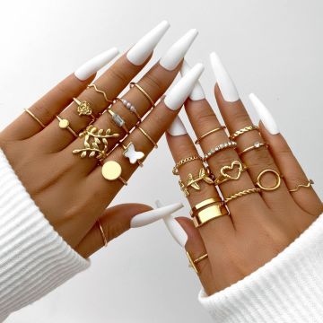 Hifive Punk Gold Butterfly Snake Flower Ring Set for Women - Fashion Party Jewelry