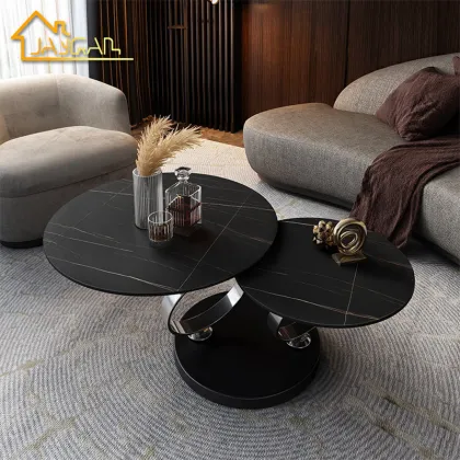 Black Rotating Coffee Table with Marble Ceramic Top and Metal Base - Two Tables Together