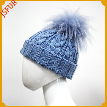 Unique latest design wholesale hat for kids 30%wool whorl pattern knitted hat with real raccoon fur ball