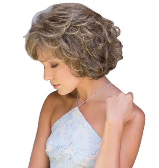 Wholesale Elegant Mixed Golden and brown synthetic hair Wigs Jerry curly short curls for fashion women