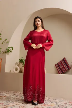 Burgundy Beaded Embroidered Hem Abaya