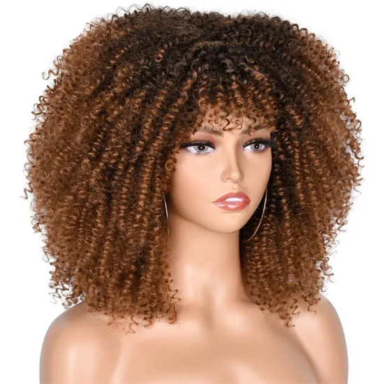 Short Hair Afro Kinky Curly Wigs With Bangs For Women African Synthetic Ombre Cosplay Wigs Wholesale