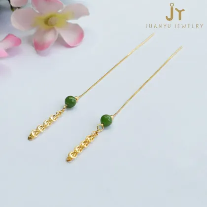 Phoenix Tail Precious Stone Jade & Sterling Silver Jasper Earrings: A Blend of Hetian Jade and Jasper Stones in Drop Earring Design