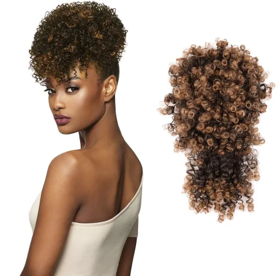 Brown Afro Puff Hair Pieces For Women Short Kinky Curly Chignon With Bangs Drawstring Ponytail Synthetic Hair Bun Extensions